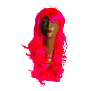 NEW Womens Synthetic Long Curly Wavy Full Wig Bangs Hot Pink Party Costume
